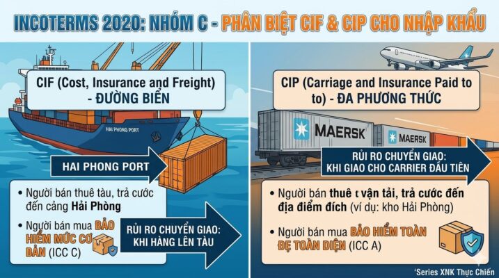 Series XNK Thực Chiến #2.2: Nhóm C – CPT vs CIP vs CFR/CIF (cặp đối ứng trách nhiệm Seller vs Buyer)